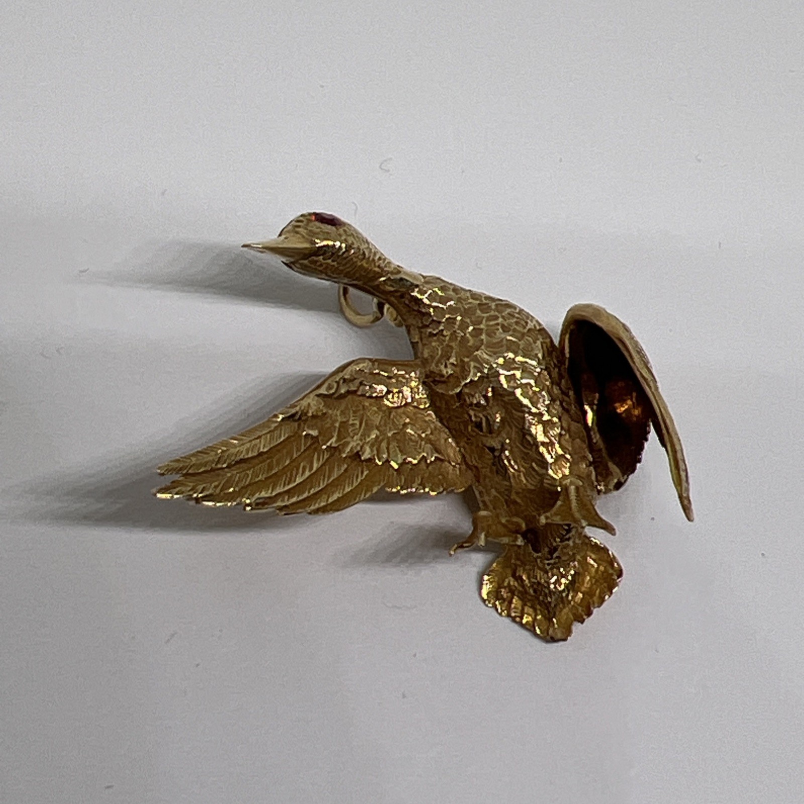 Vintage 14K Gold Mallard Duck Brooch Pendant 12.4g Ruby Eye Convertible