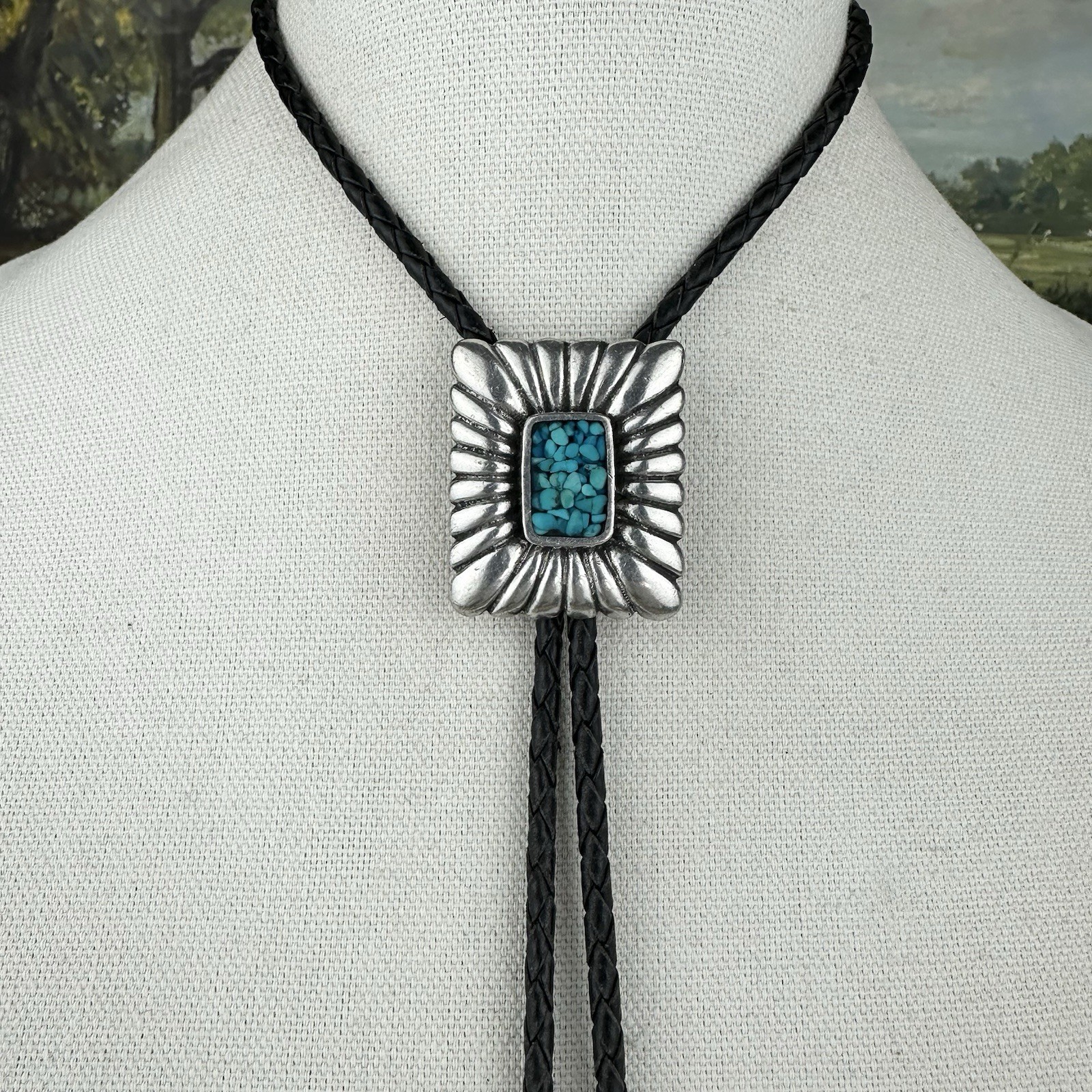 Vintage Silver Pewter Turquoise Chip Inlay Western Bolo Tie Nickel Silver Tips