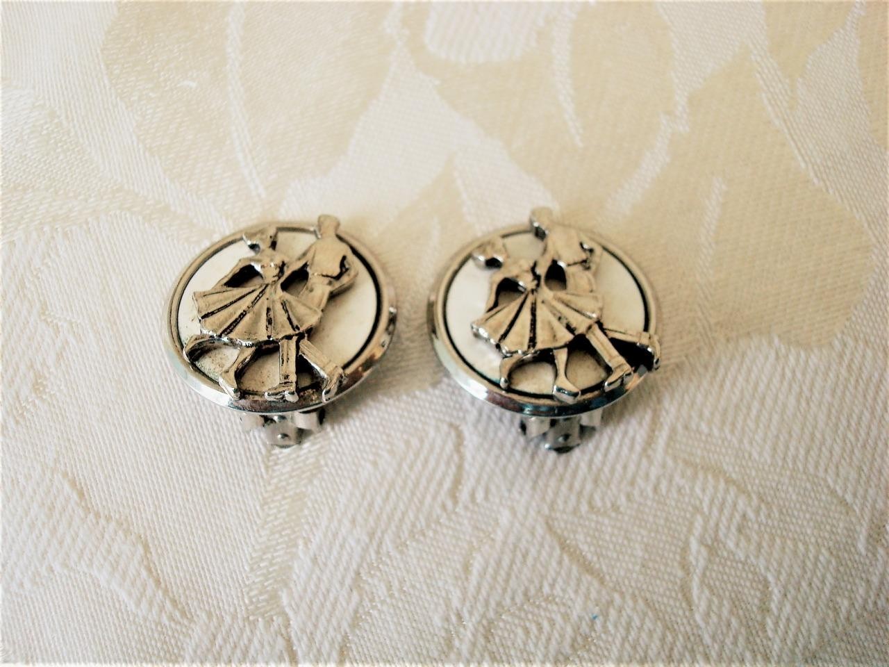 Vintage Silver Tone and White Clip On Earrings With Square Dance Couple KJ