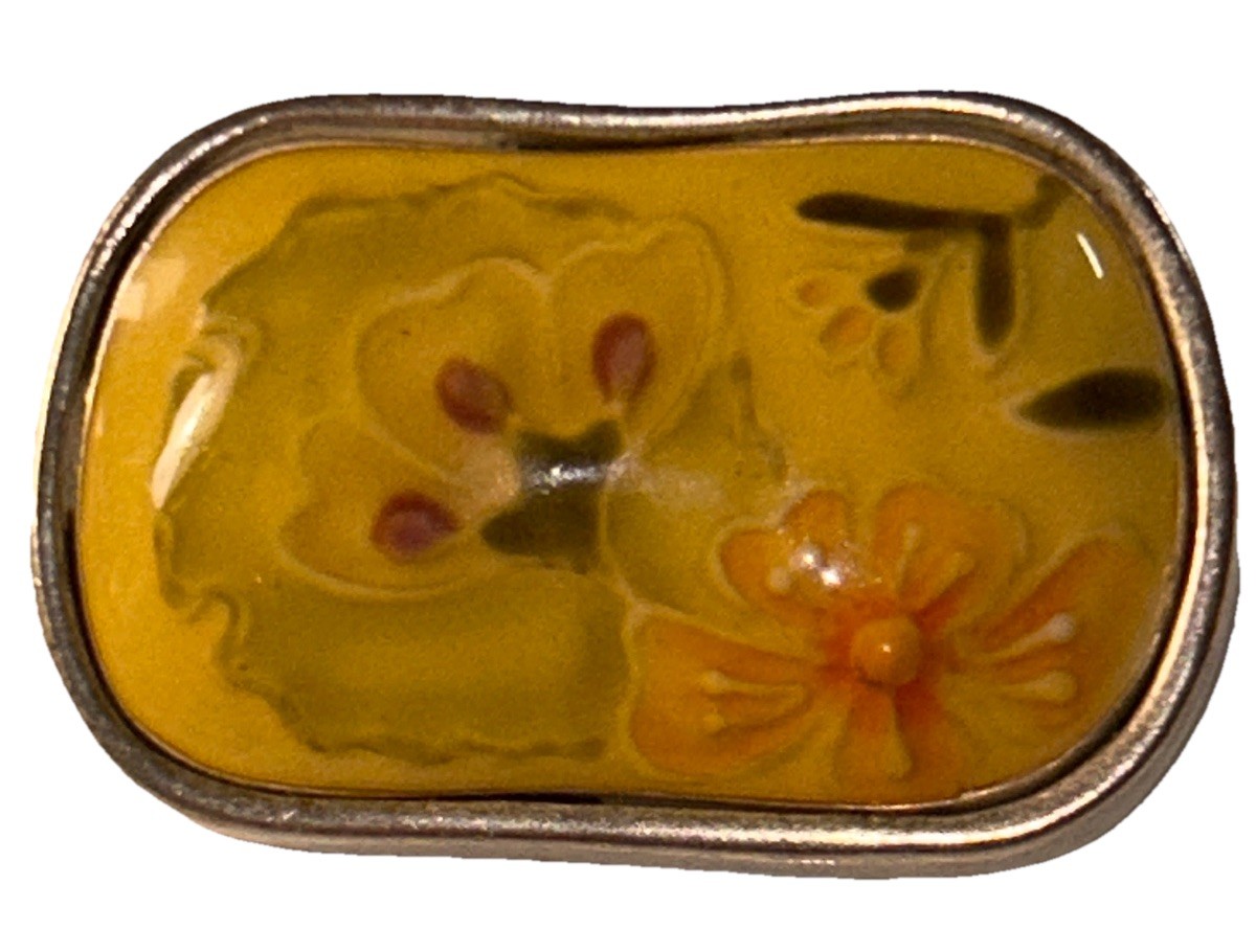 Vintage Hand Painted Glass Floral Brooch Yellow Green Orange Silver Tone 1 3/8”