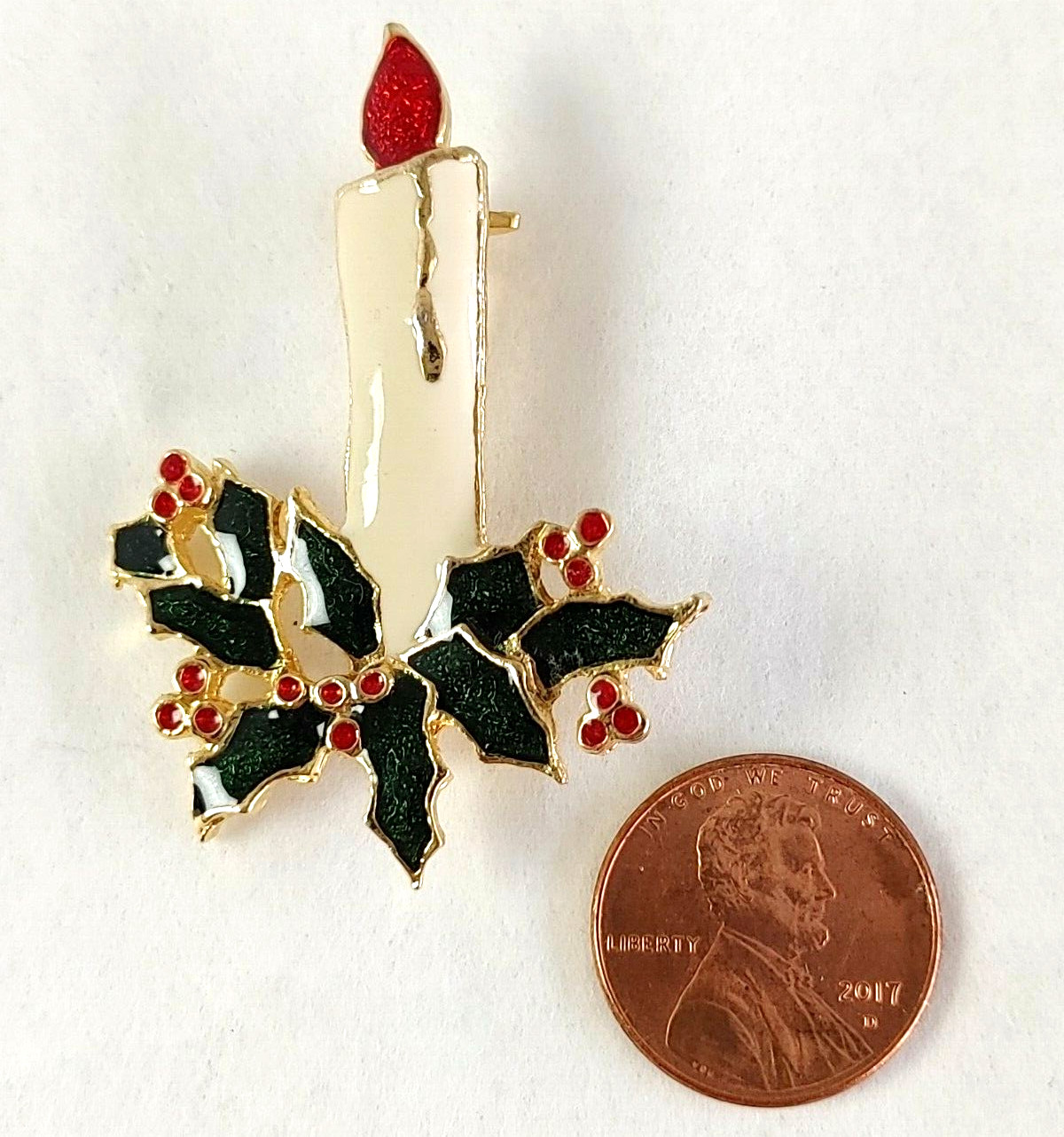 Vintage Painted Enamel Pin Brooch Candle Holly Faux Gems Approximately 2″ #17373