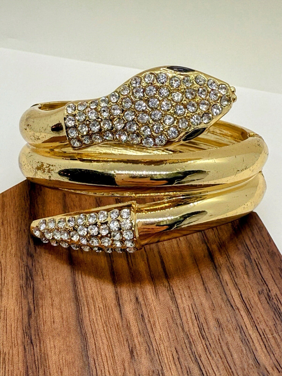 Gold Tone Rhinestone Snake Wraparound Hinge Bracelet – 2 3/8 Inch Inner D