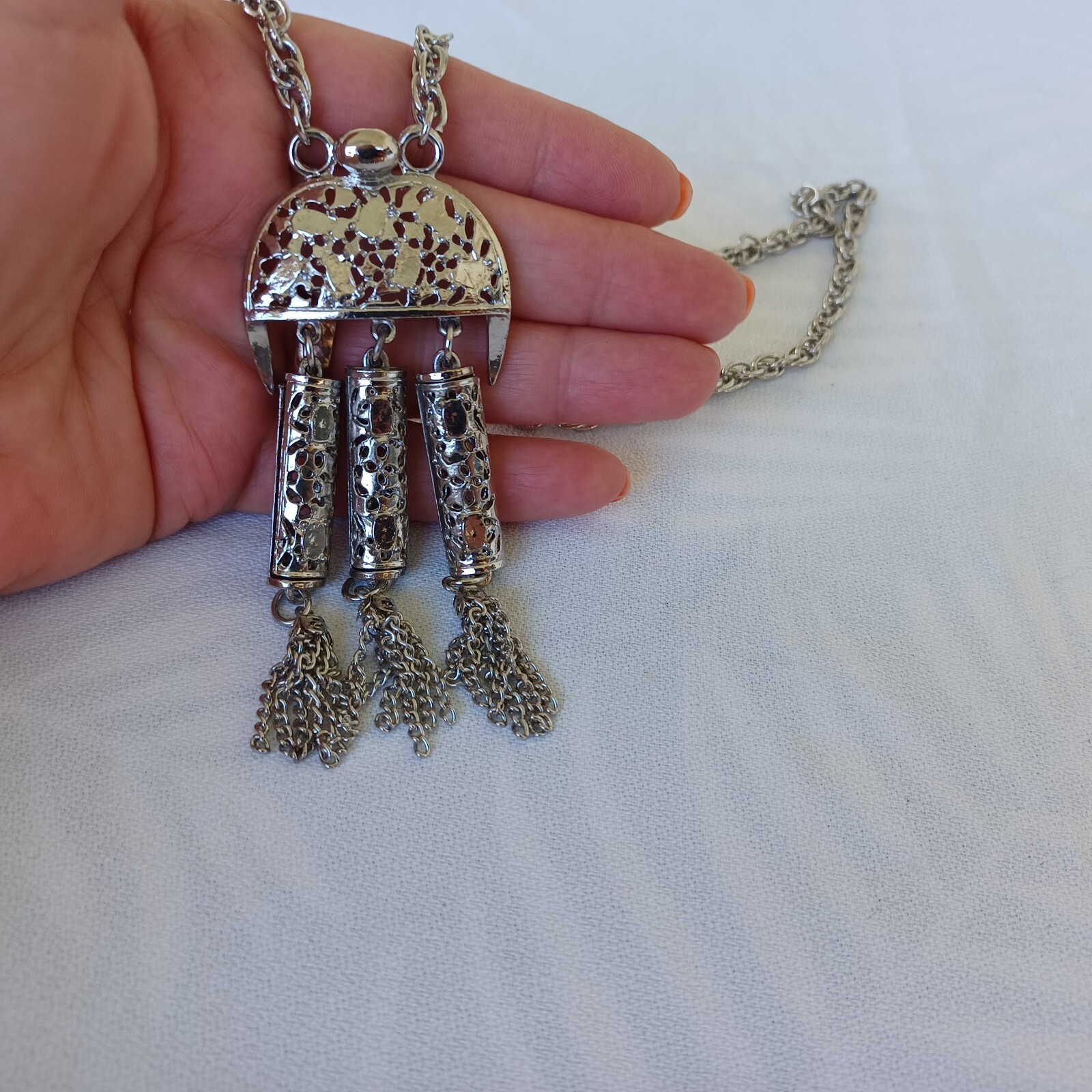 Vintage S/Tone Persian Style Chain Necklace Half Circle Pendant Dangle Tubes
