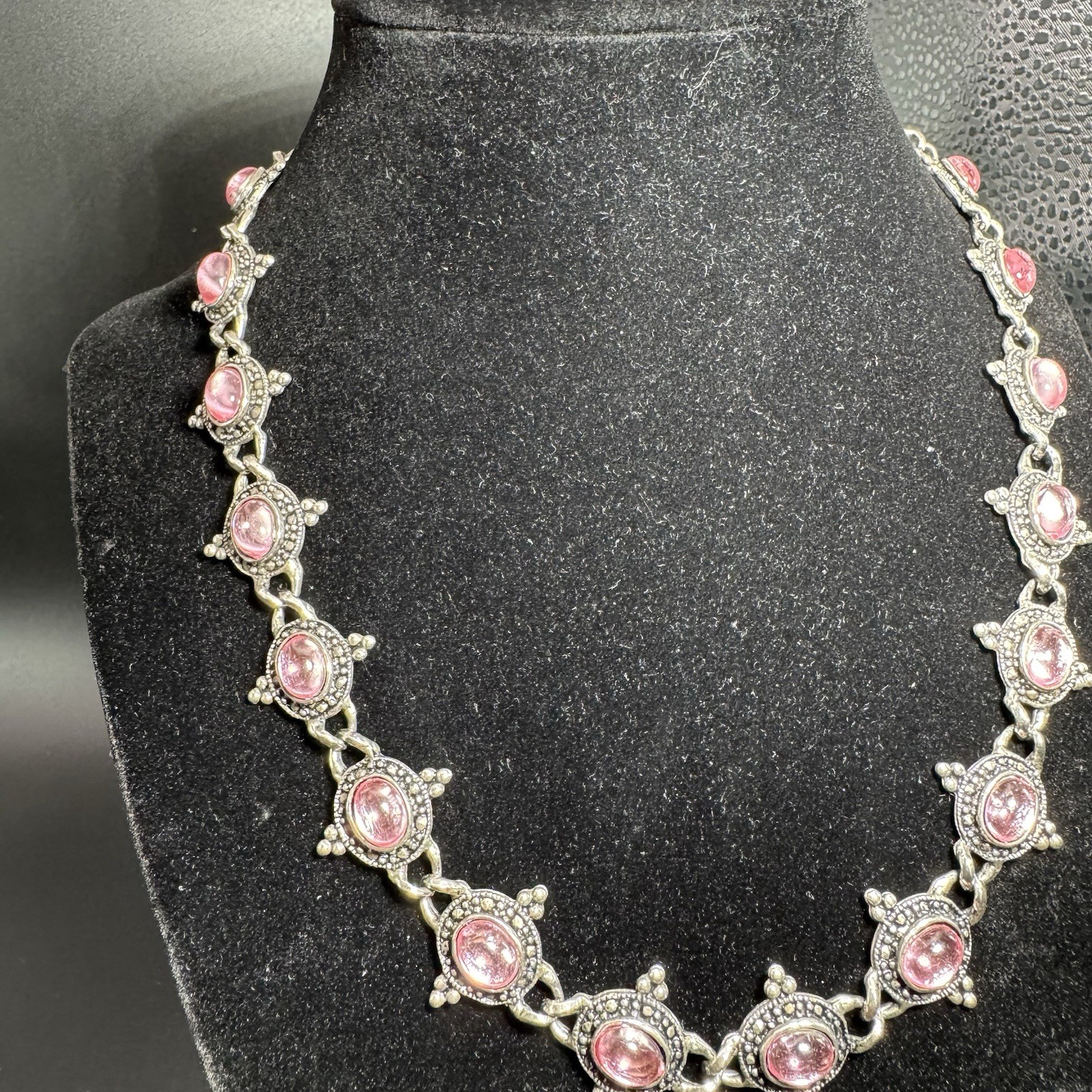 Vintage Silver Beaded & Marcasite Collar Necklace, Bezel Set With Pink Cabochons