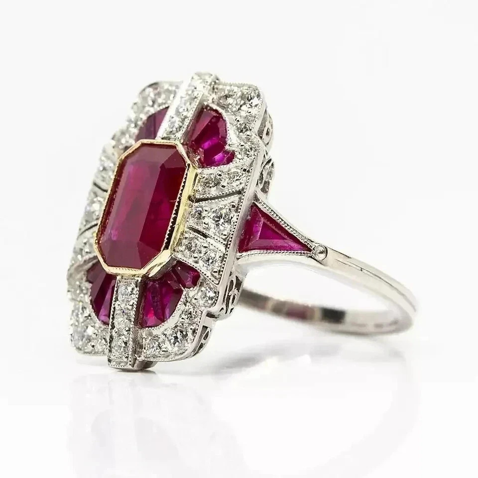 4Ct Art Deco Style Ruby & Lab-Created Diamond Engagement 14K White Gold FN Ring