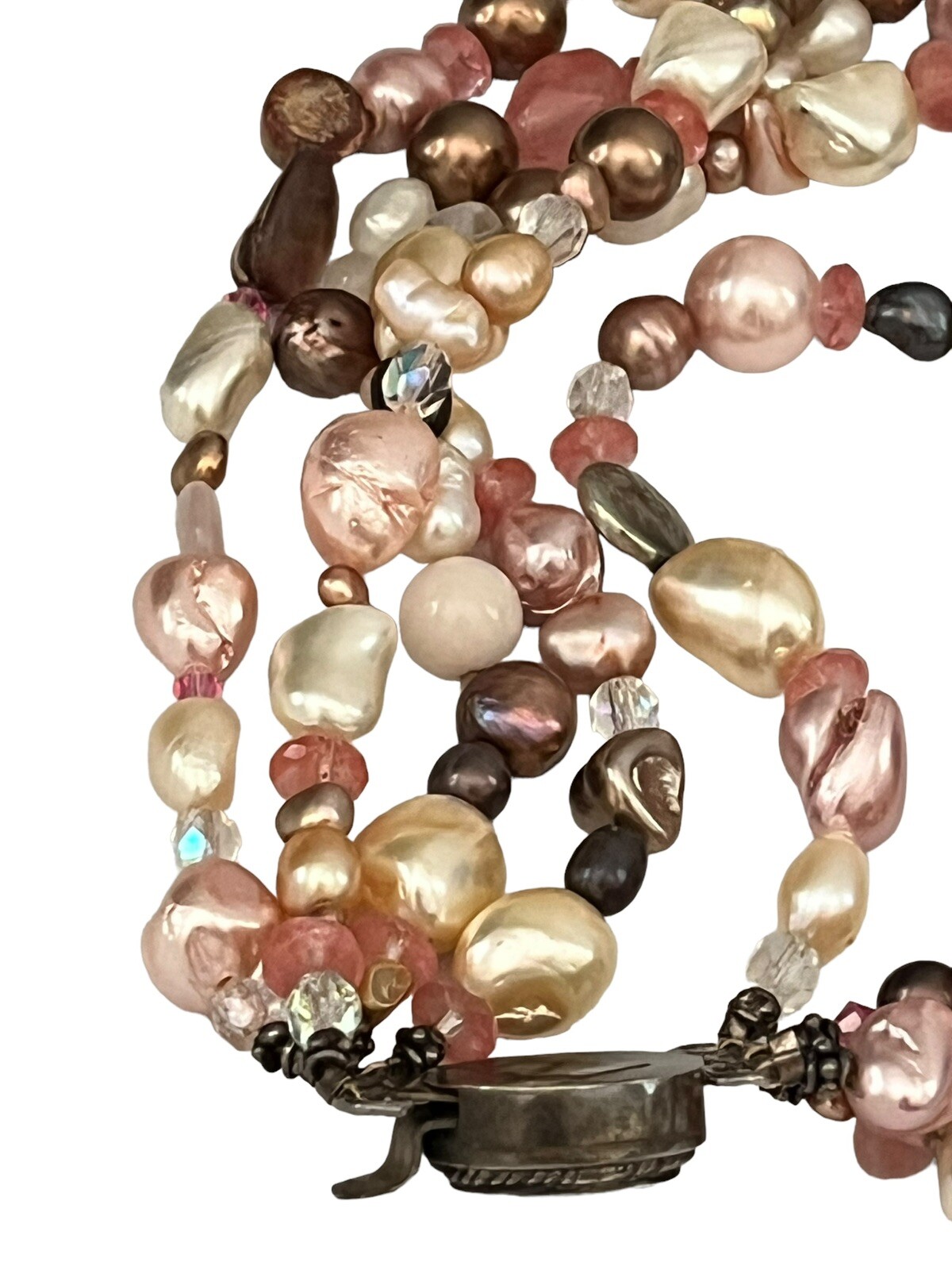 Vintage Faux Pearl Necklace 3 Strands Box Tab Clasp Made In India Pink Choker