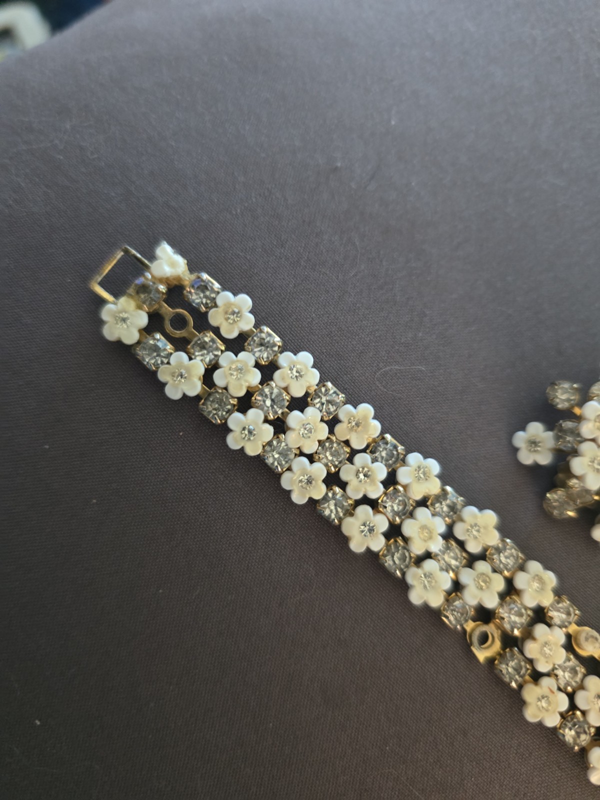 Vintage Enameled Painted Flowers Rhinestone Necklace Bracelet Earring Set