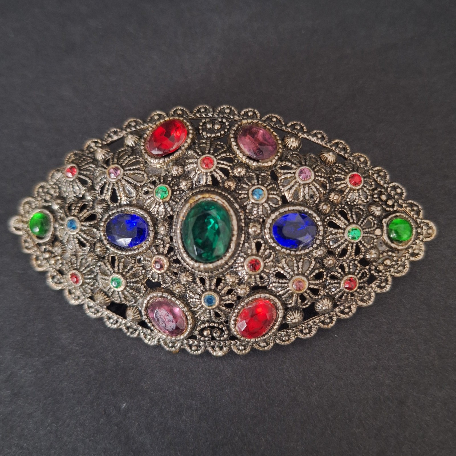 New England Glass Works Brooch Silver Tone Floral Filigree Czech Rhinestones VTG