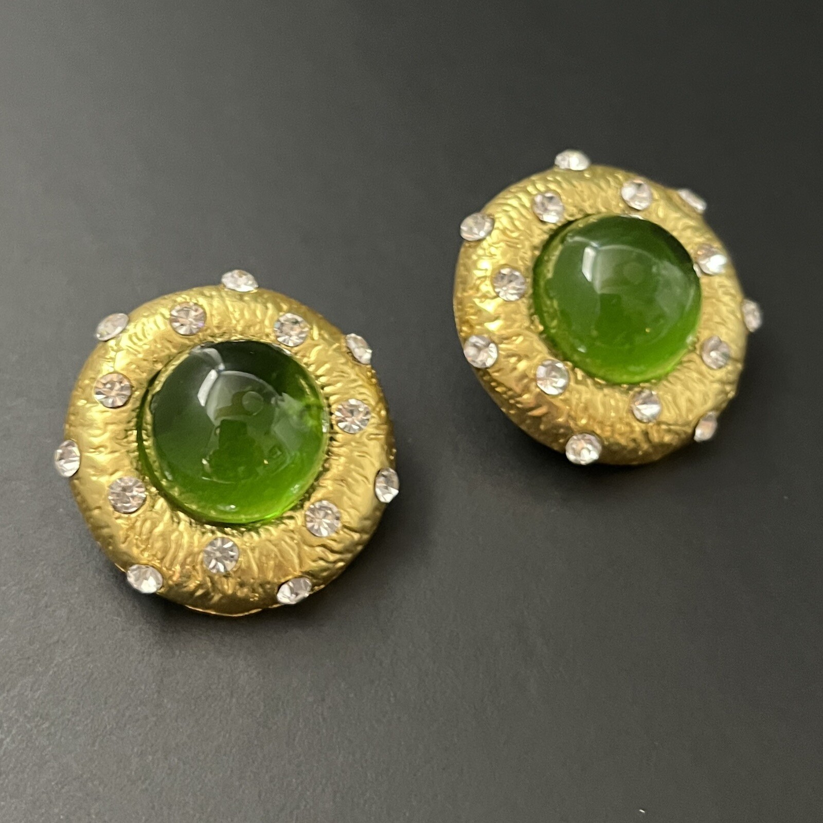 Gold Tone Cabochon Earrings Green Gripoix Glass Round Dome Pierced Crystal Glam