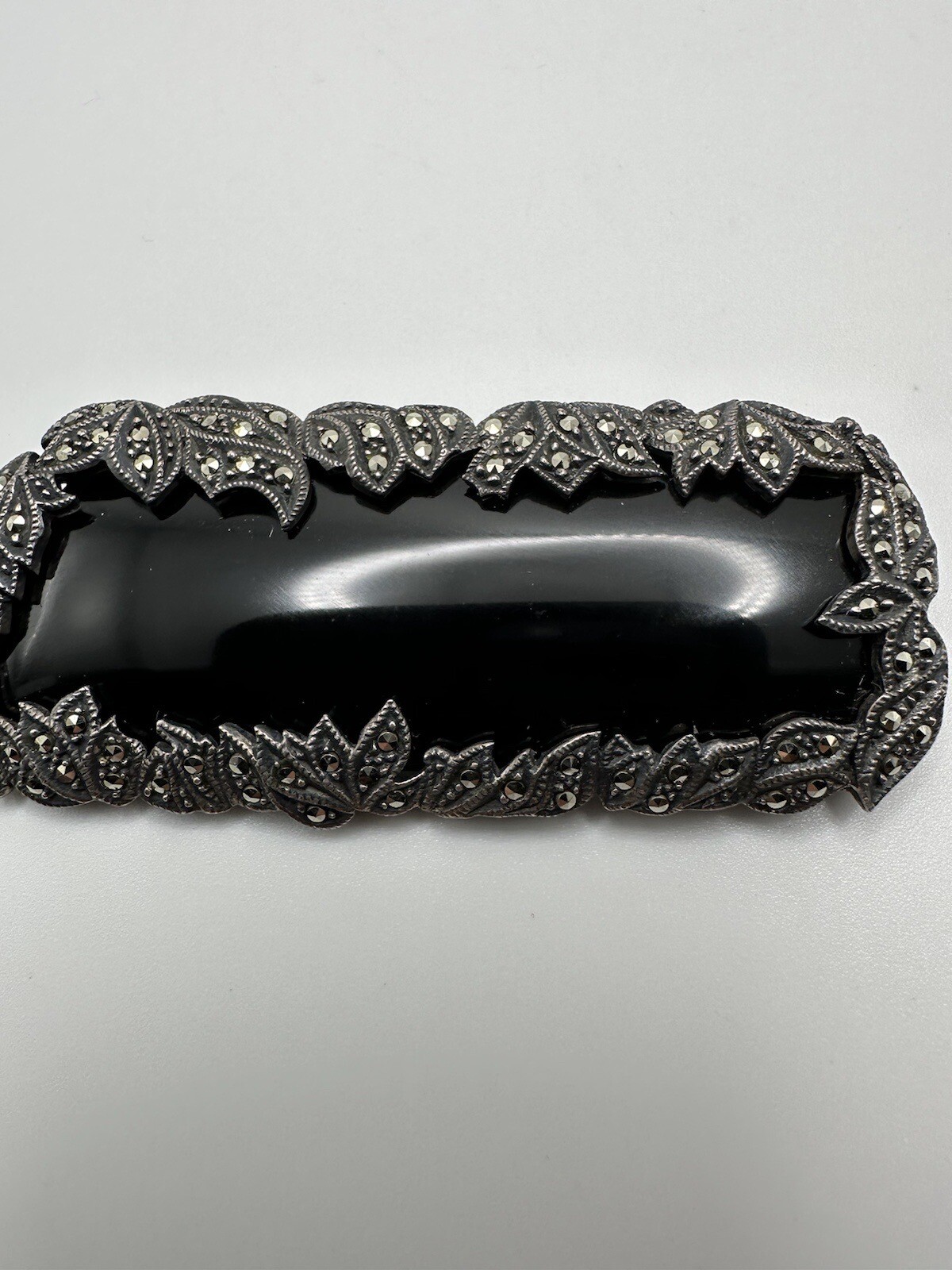 Huge Vintage Sterling Silver Onyx Marcasite Laurel Leaf Brooch 7.5cm BB1