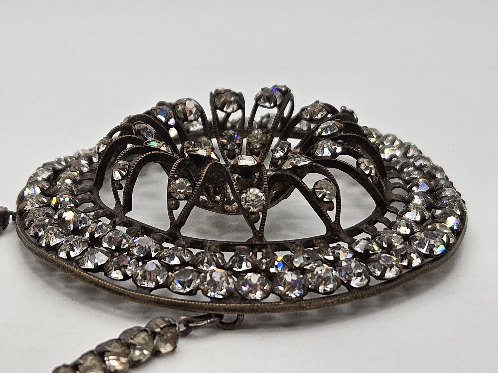 As Is Vintage Silver Tone Clear Rhinestones Ornate Pendant Collar Necklace