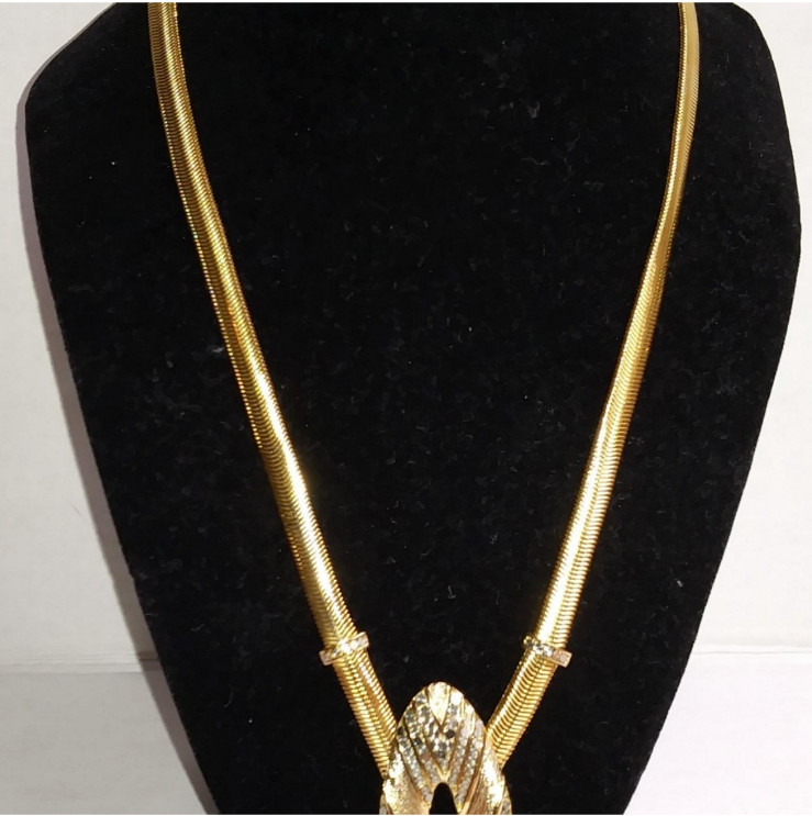 ORENA PARIS Gold Tone Chunky Chain Round Pendant Necklace Signed with Braided nn
