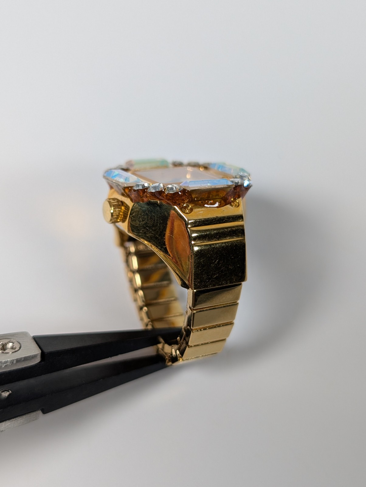 Vtg Digits Bonetto Ring Watch Rhinestone Bezel Gold Tone Expansion Band RUNNING