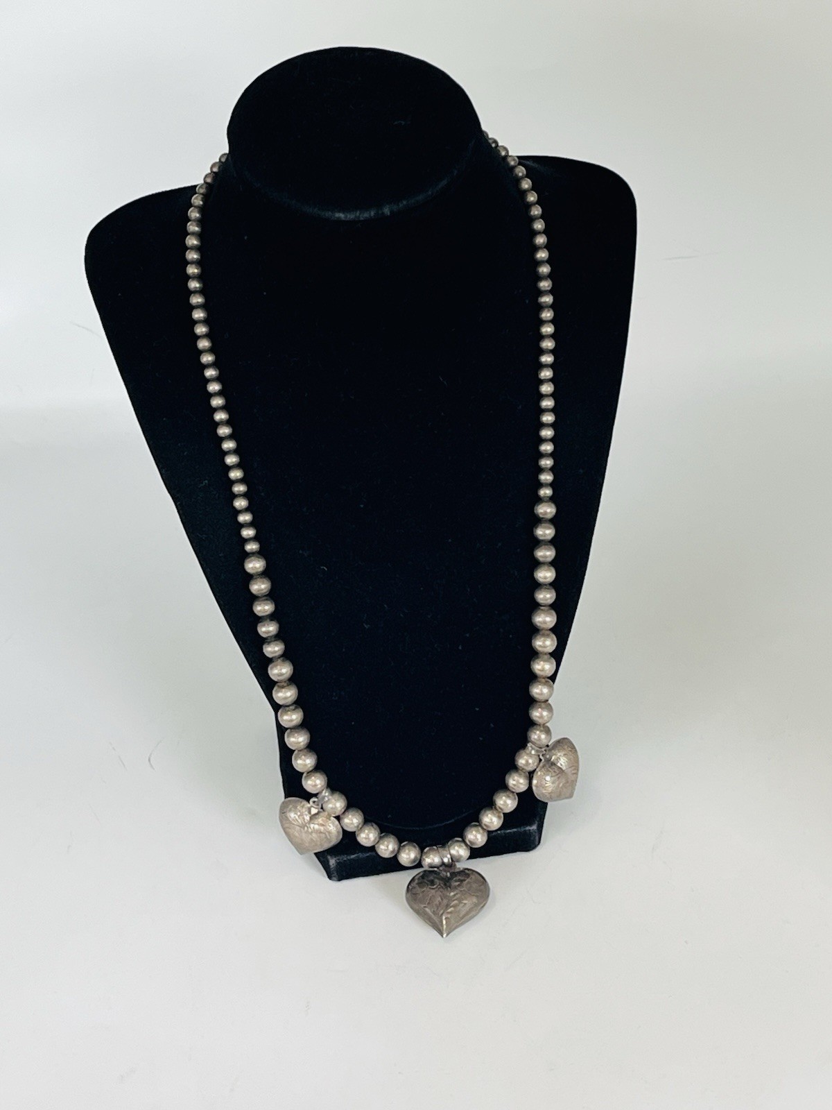 Vintage Sterling Silver Heart Charms Pendant 8MM Ball Bead Necklace 41-Grams