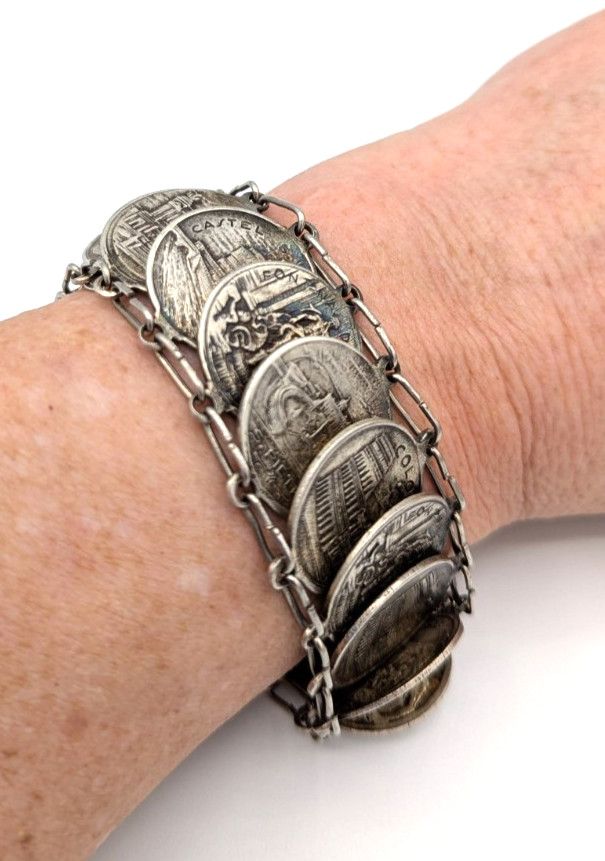 Roman Souvenir Silver link Coin Bracelet Rome Tourist SPQR Romulus & Remus 1960