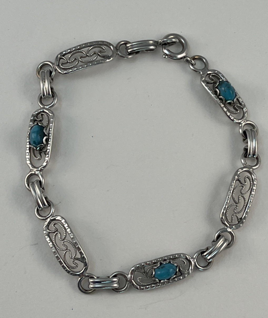 1/20 12K GF White Gold Filled Faux Blue Turquoise Link Bracelet 7 1/4″