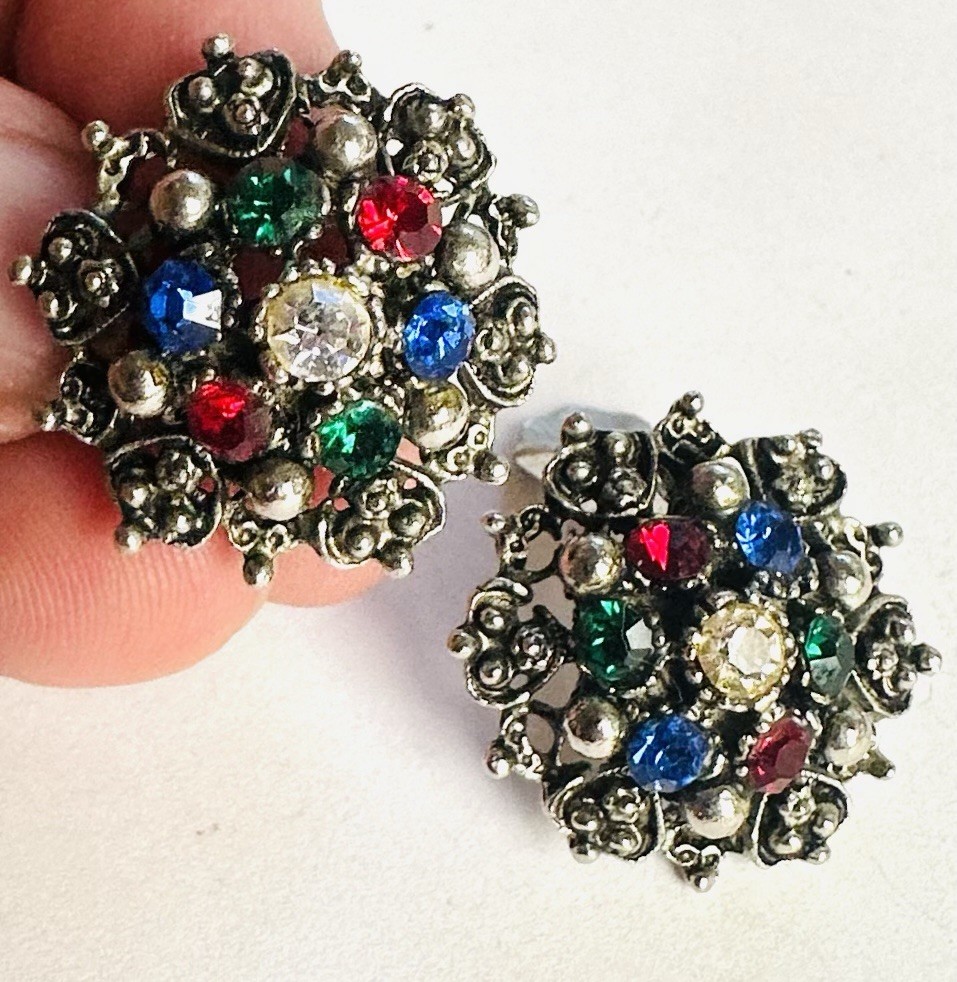 VTG Rhinestone Blue Red Green Silver Tone Earrings 1950s 1960s Vivid