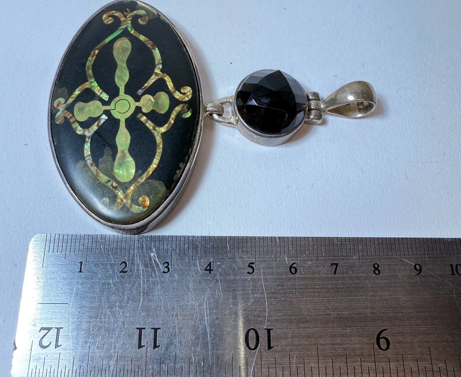 Mexican Sterling Silver Pendant Onyx and Abalone Inlay Large Vintage 38g