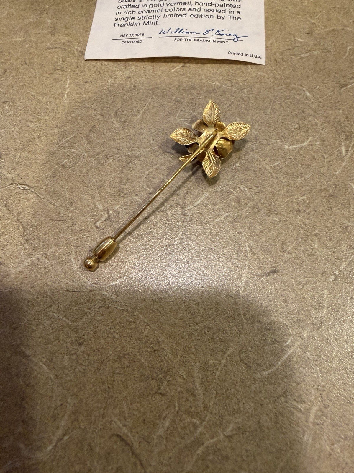 Vintage 1978 Franklin Mint The Lovers Rose Diamond Enamel Gold Vermeil Stick Pin