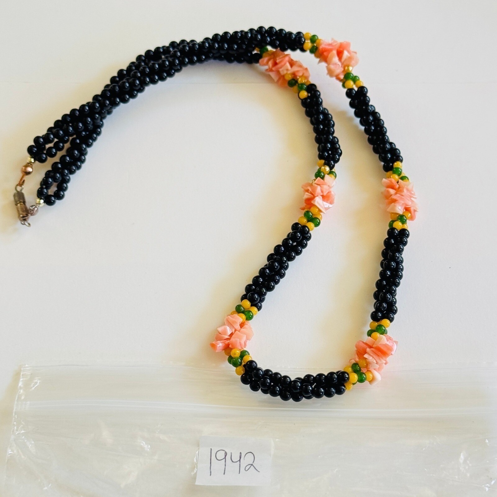 VTG Torsade Necklace Coral Onyx Jade Genuine Natural braided Beads Retro 70s 22″
