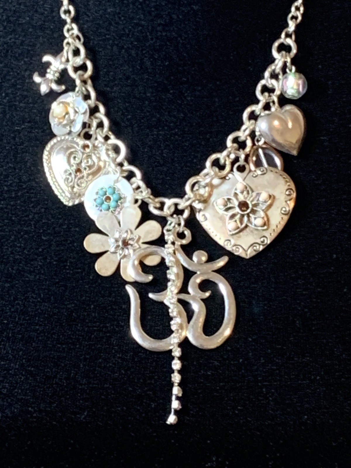 Vintage Silver Charm Necklace Earrings Set Hearts Flowers Beads Boho Cottagecore