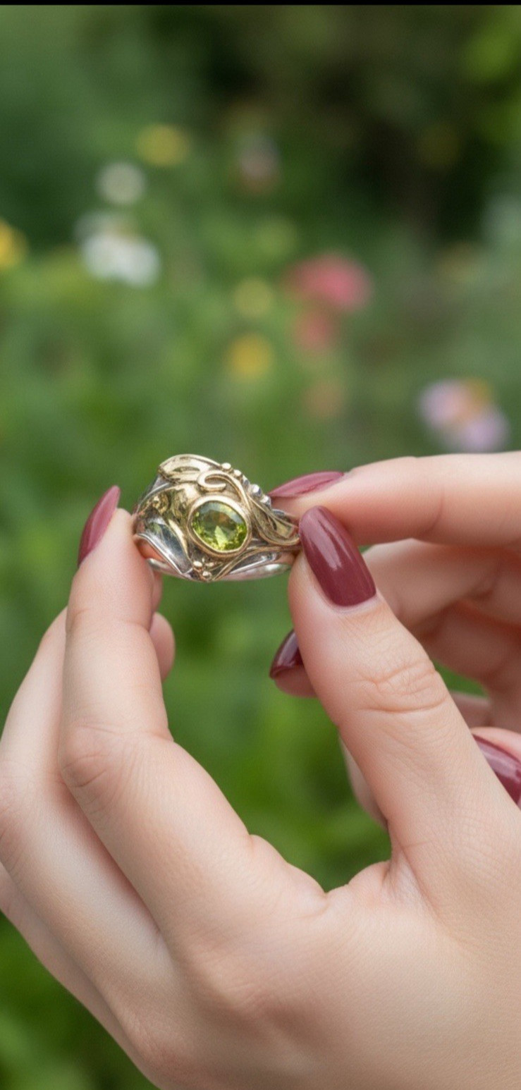 Vintage Art Nouveau Style Peridot Sterling Silver and 14K YG Vermeil Ring Size 8