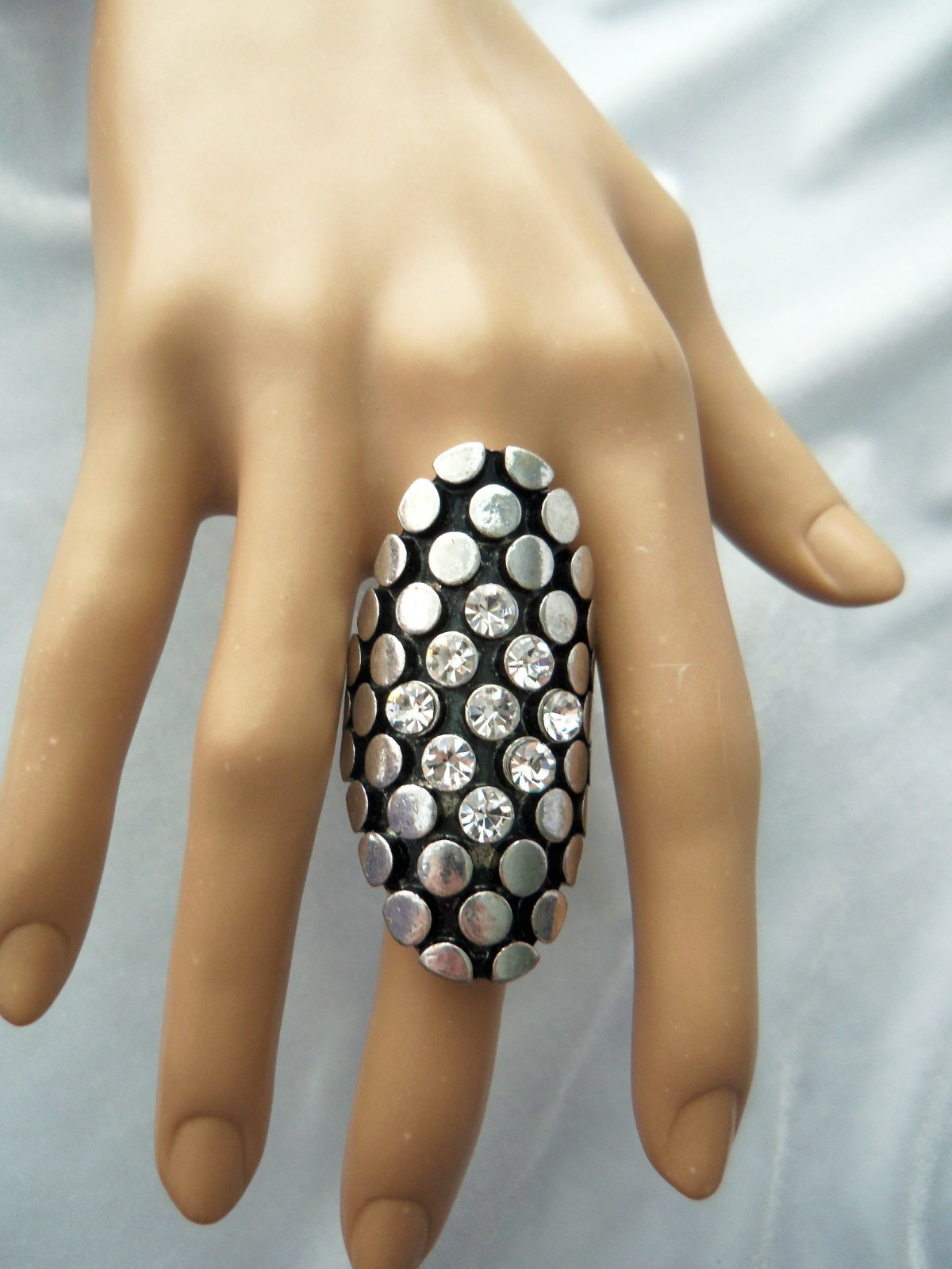Crystal Rhinestone Accents Silver Dots on Black Long Finger Stretch Band Ring