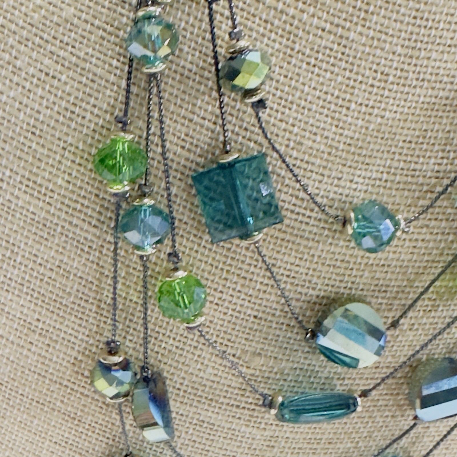 5 Strand Necklace Green Acrylic Glass Beads Black Wire Like Chain 11″ Faceted