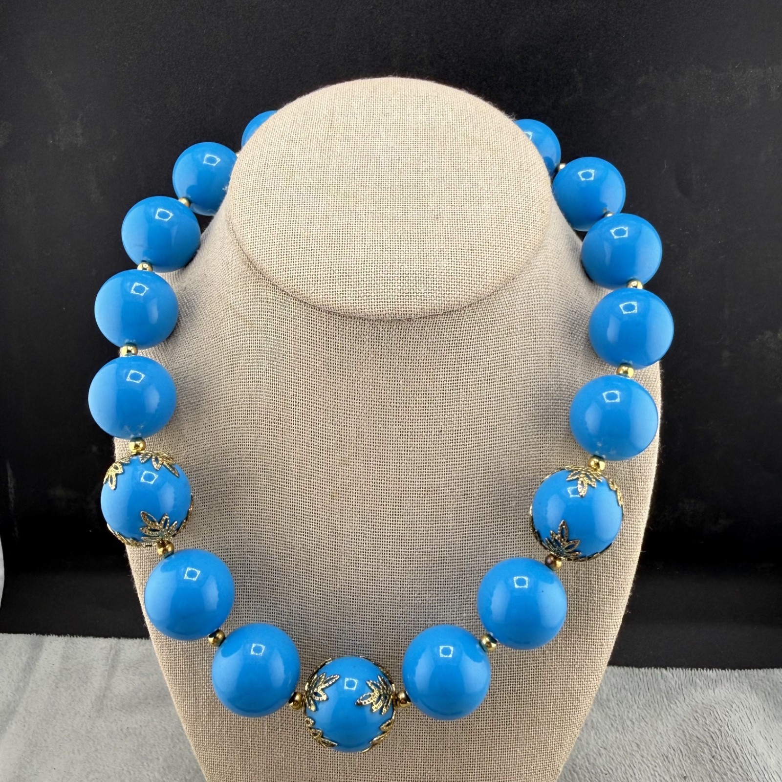 Vintage Statement Necklace Blue Beaded Chunky 18”