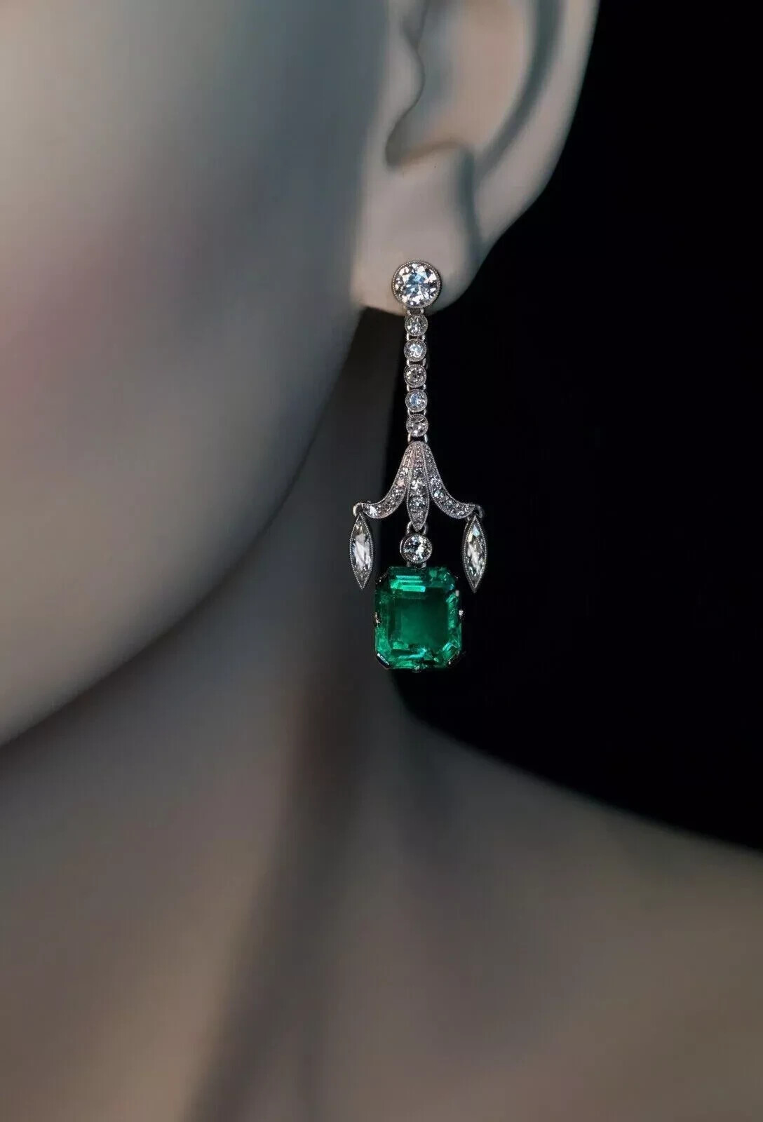 Art Deco Style Emerald & Lab-Created Diamond Wedding 14K White Gold FN Earrings