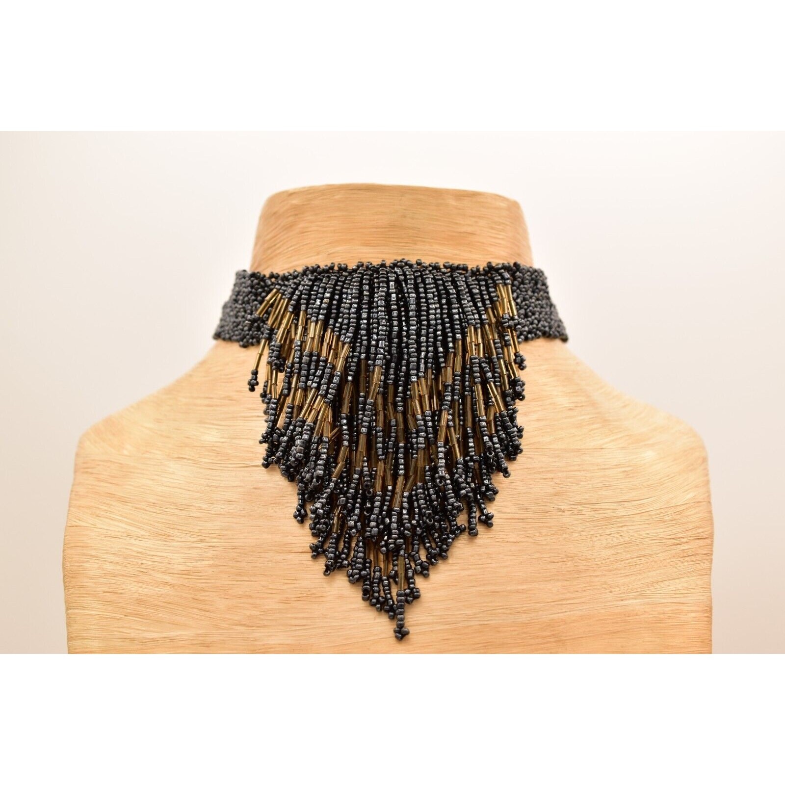 Vintage Statement Choker Necklace Fringe Bib Collar Beaded Gray Chunky 90s BinBE