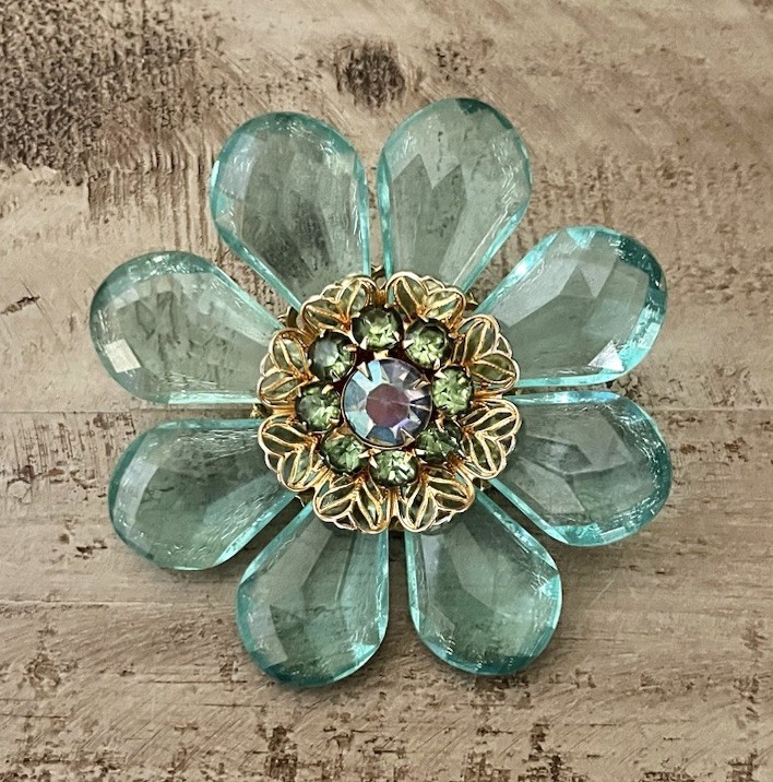 Vintage Mid Century Jumbo Lucite AB Blue Green Aqua Crystal Flower 3” Brooch