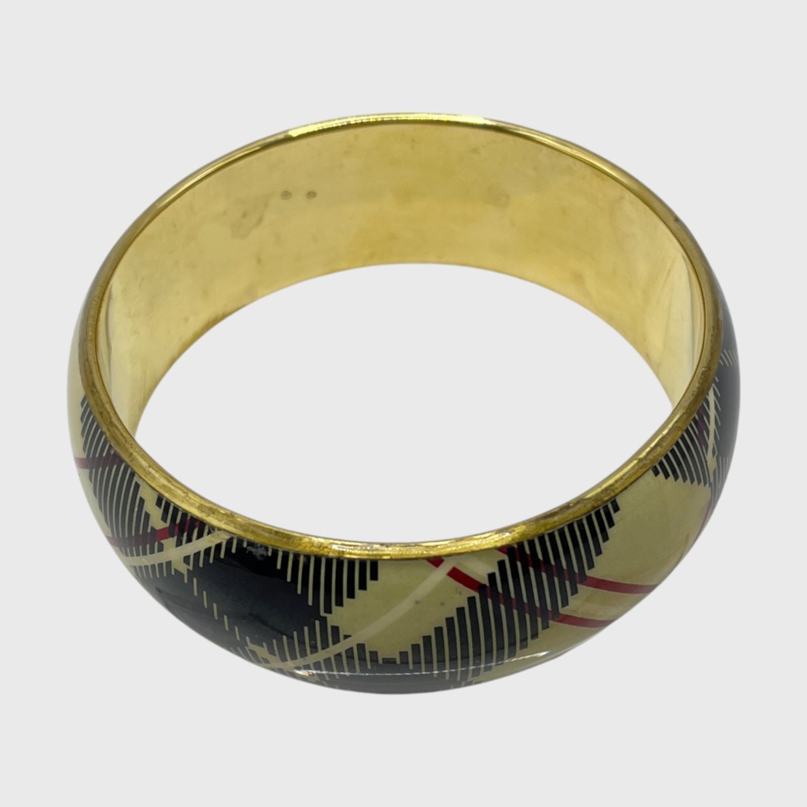 VTG Brass Bracelet Bangle Plaid Resin Metal Gold Tone Wide Chunky Prep Jewelry
