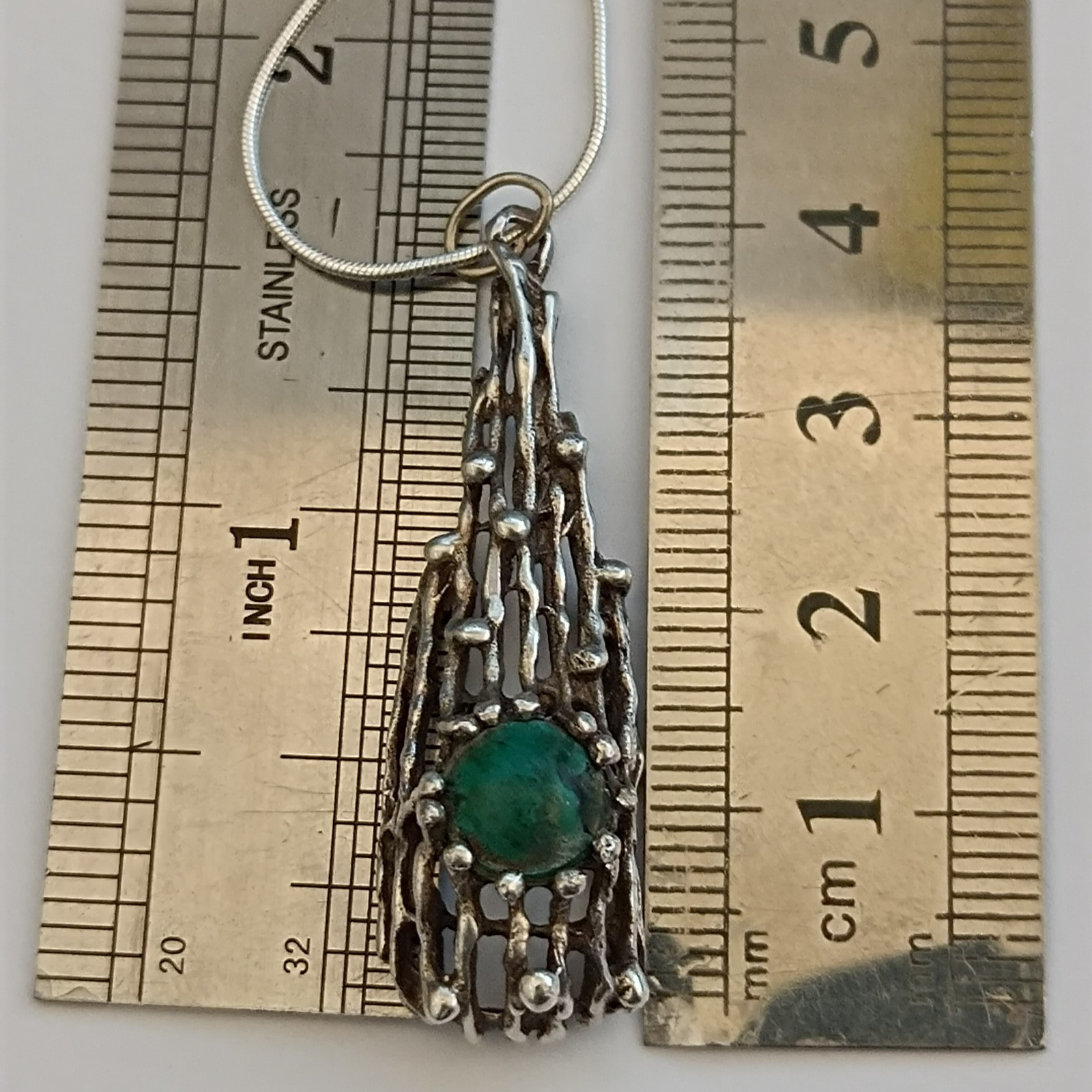 Modernist Brutalist Eilat Stone Pendant Necklace Sterling Silver Israeli 70s VTG