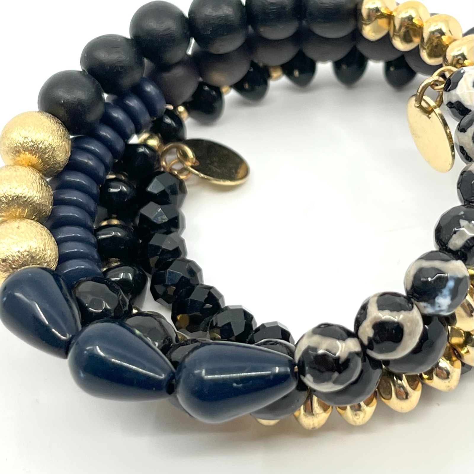 Vintage Boho Black Gold Multi-Strand Beaded Wrap Bracelet Mixed Texture Stack
