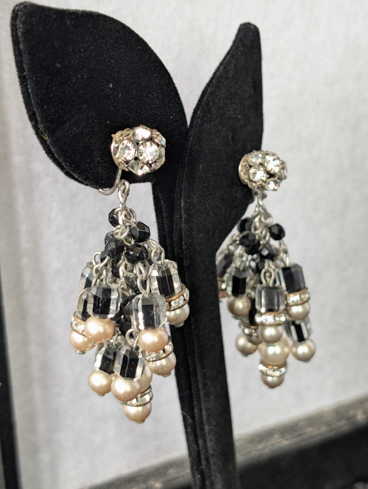 Vintage Vendome? Black & Clear Givre Glass Czech Beads Chandelier Clip Earrings