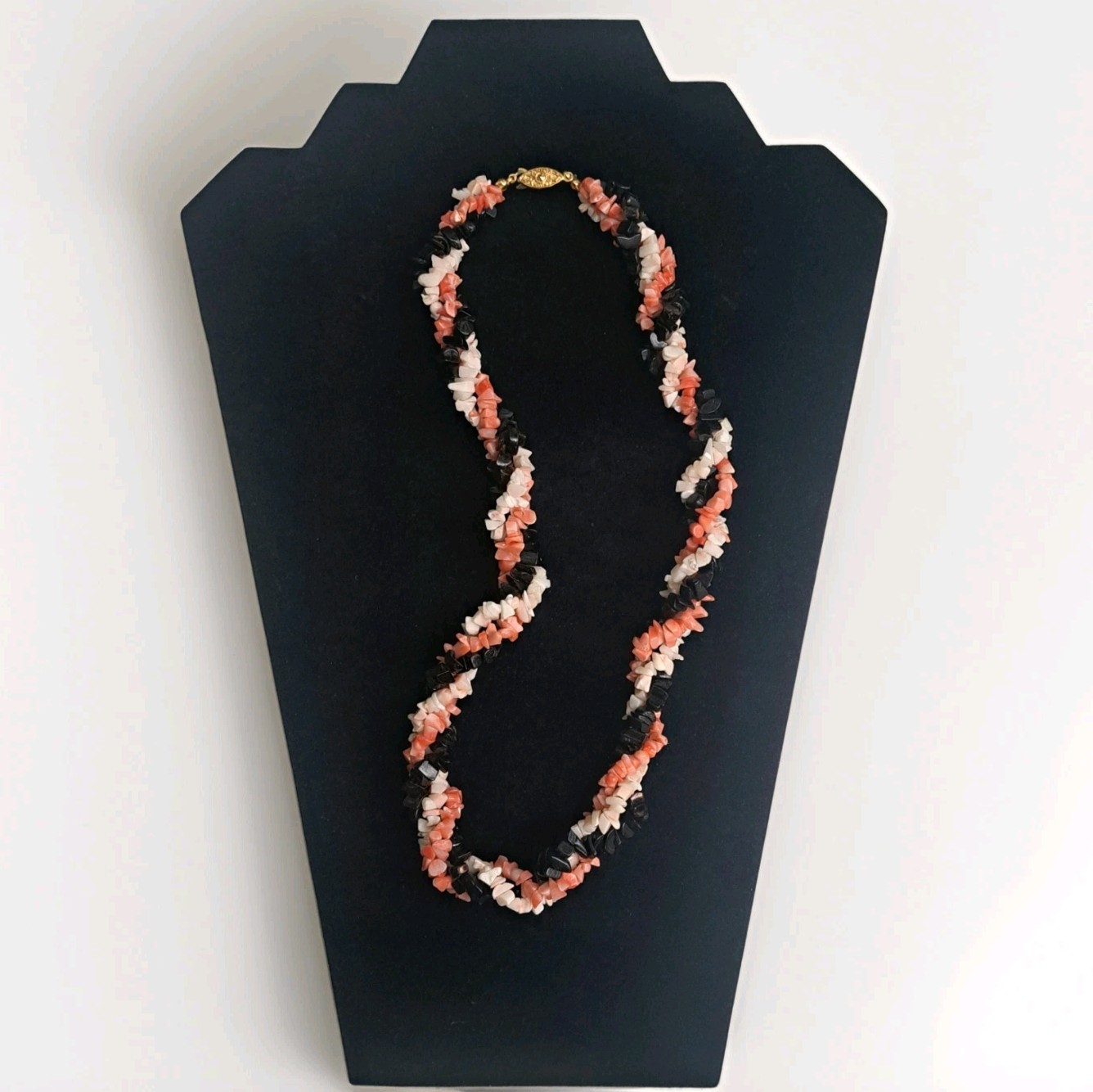 Gorgeous Pink Angelskin/Black/White Coral Necklace 19″ w/ Antique Fishhook Clasp