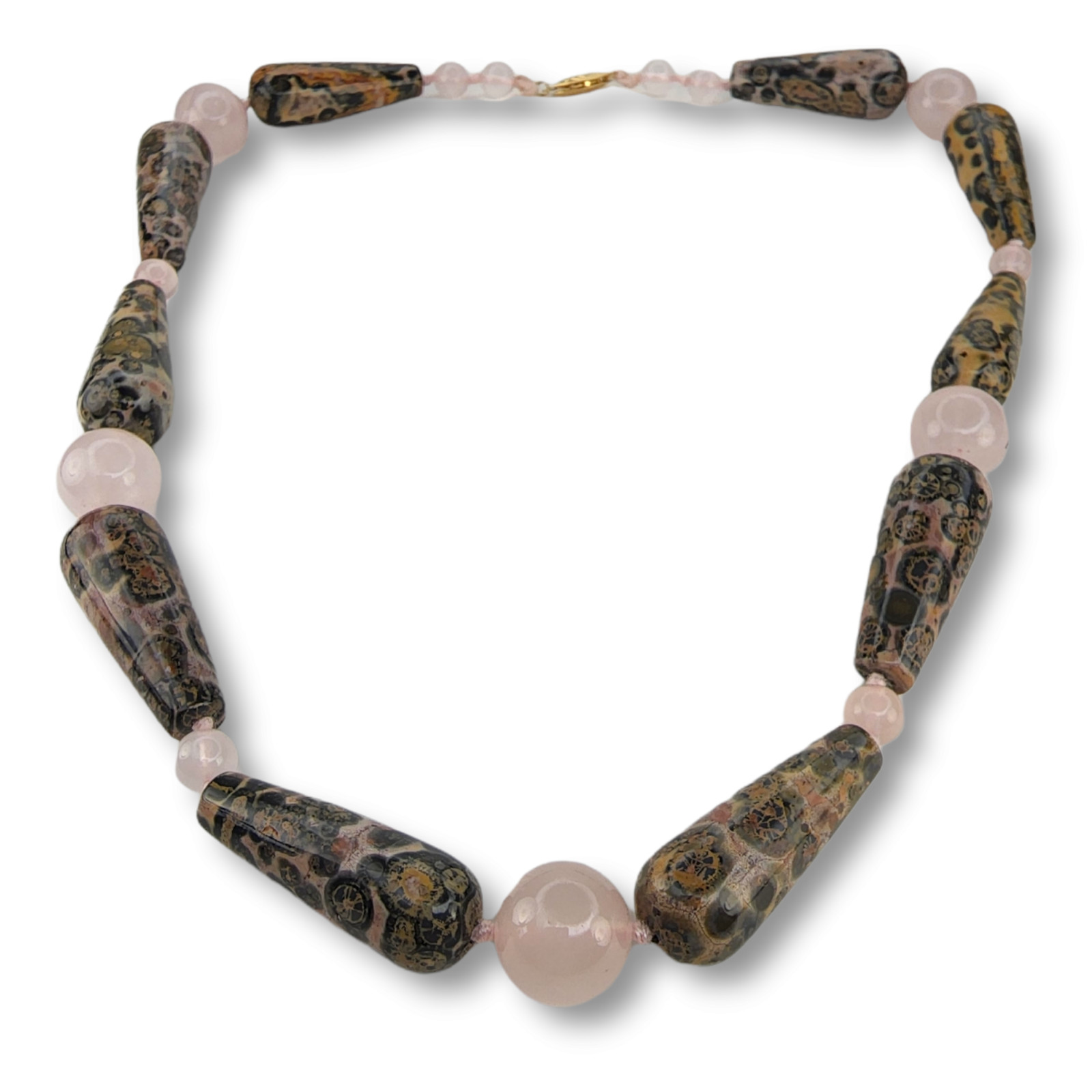 Vintage Rose Quartz and Pink Ocean Jasper Necklace with 14KT Yellow Gold Clasp