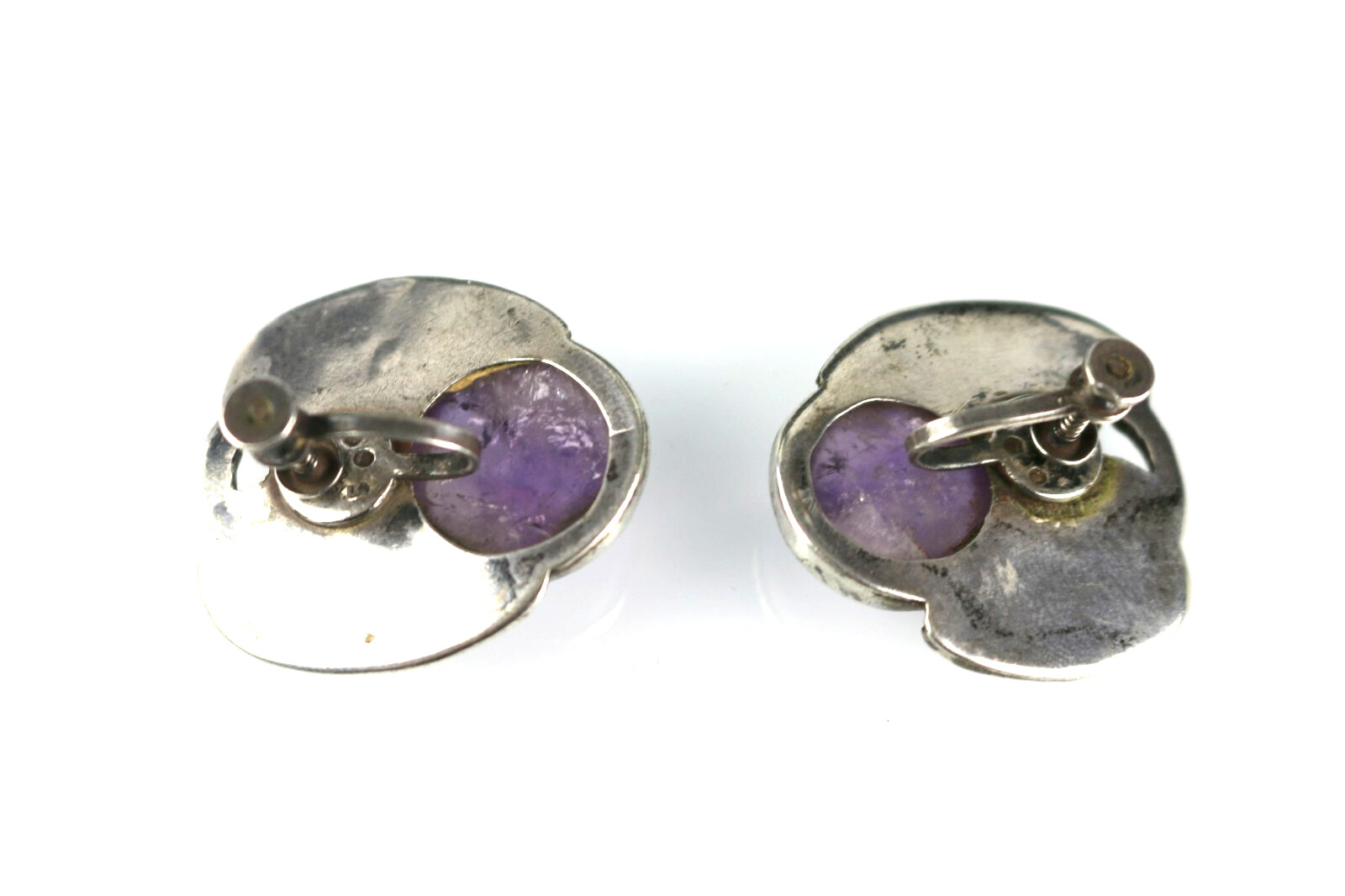 Vintage Los Castillo Taxco Mexico Sterling Amethyst Leaf Screw Clip On Earrings