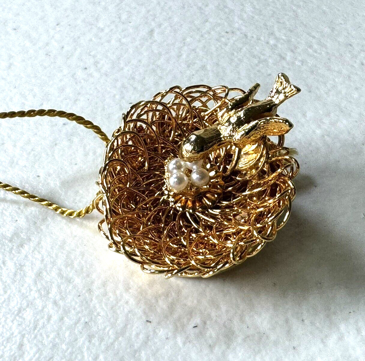 Vintage Gay Boyer New York Wired Gold Tone Faux Pearl Eggs Bird’s Nest Brooch