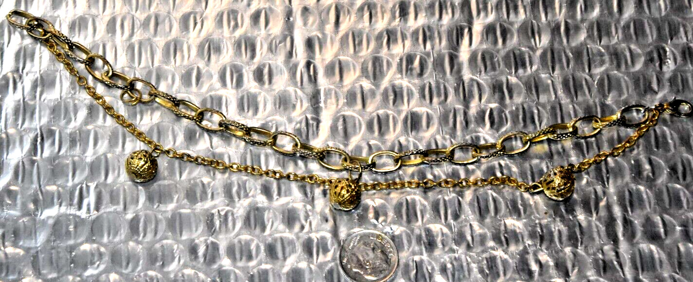 Antique Gold Colored Metal Bracelet w/Oval Links & Thin Loose Chain w/ 3 Balls