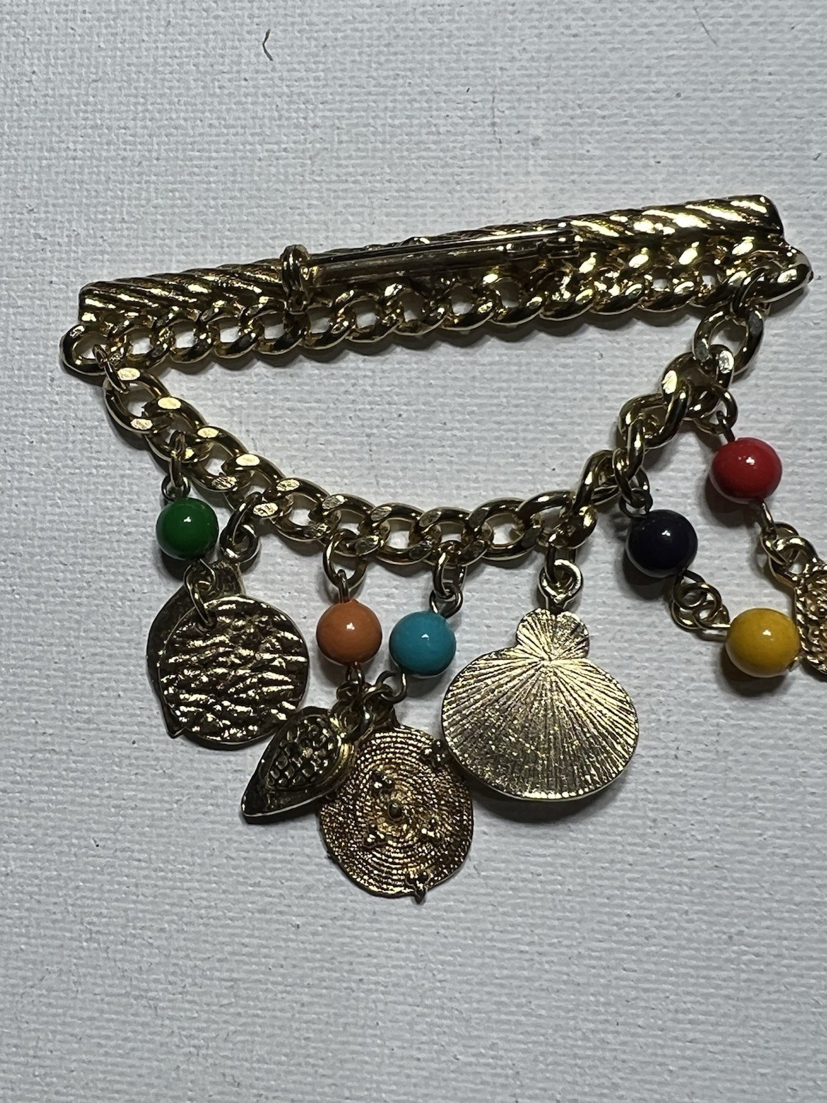 Dangle Bar Brooch Pin Gold Tone Assorted Gemstone charms Retro Vintage beaded