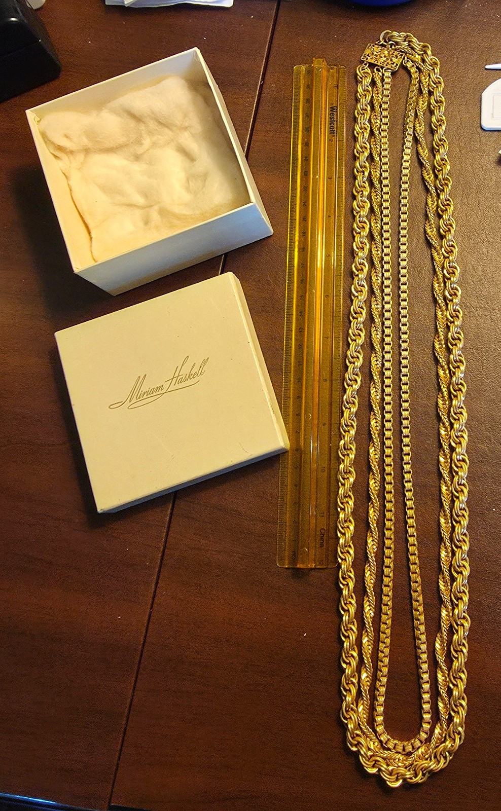MIRIAM HASKELL MULTI GOLD ROPE CHAIN NECKLACE VINTAGE SIGNED WITH BOX