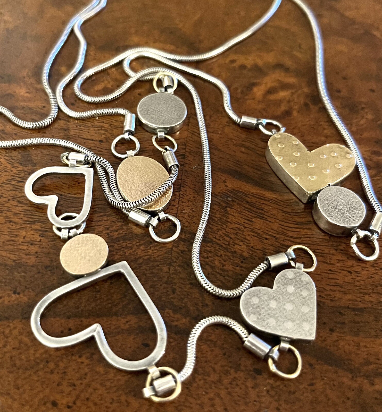 Vtg Estate Mid Century Modernist Textured Sterling Gold Hearts Station Necklace