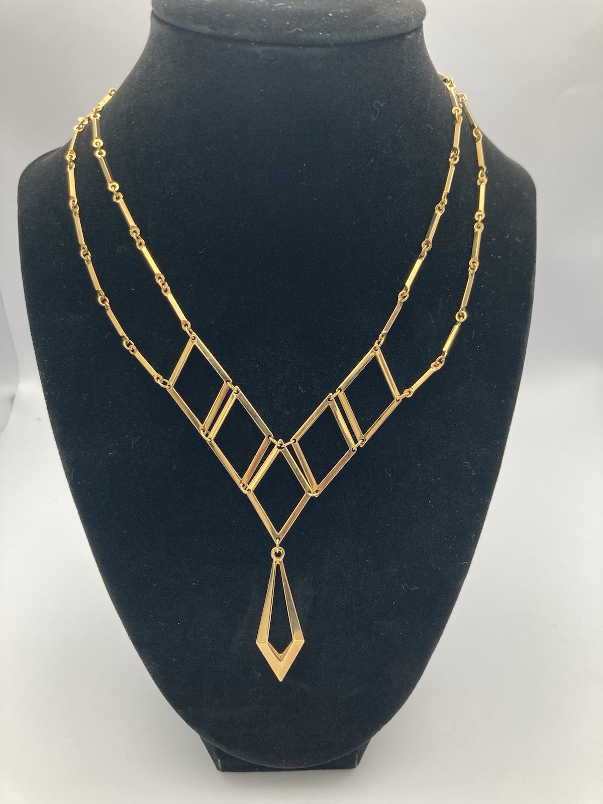 Vintage Sarah Coventry Geometric Gold-Tone Necklace 17.75” Long Fish Hook Clasp