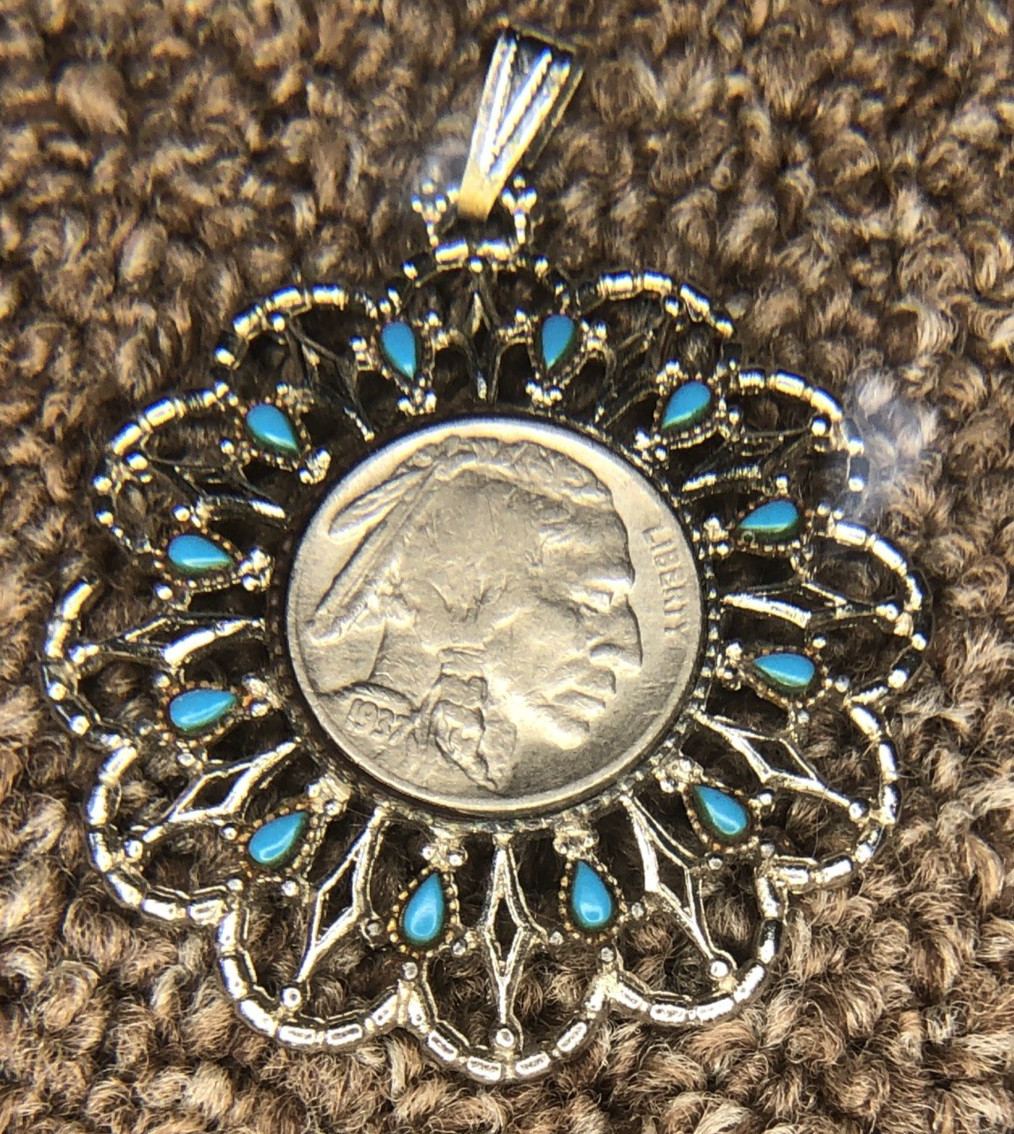 Vintage 1970s Buffalo Nickel Coin Pendent Faux Turquoise Silver Tone Necklace