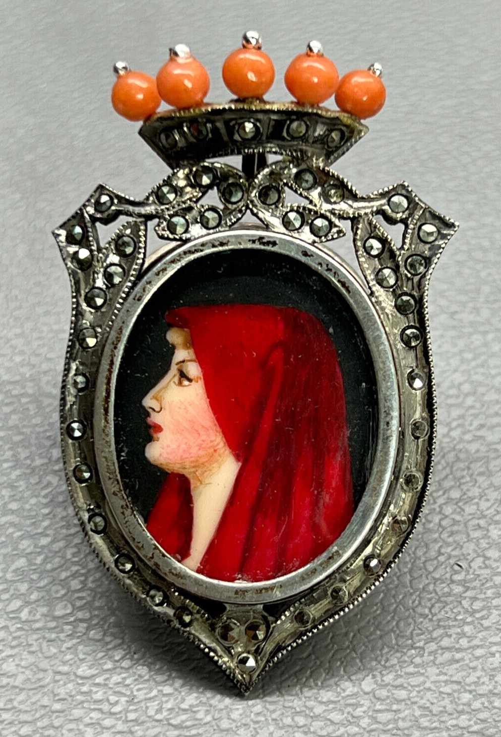 Victorian Pendant Brooch 800 Silver Virgin Mary Marcasite & Coral Hand Painted