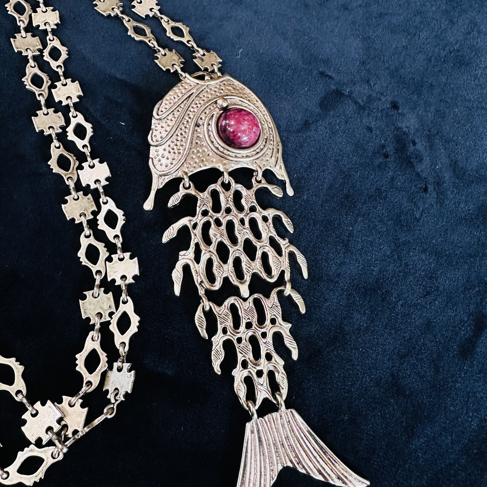 Vintage Bohemian Articulated Fish Pendant Heavy Link Chain. Gypsy Hand Made