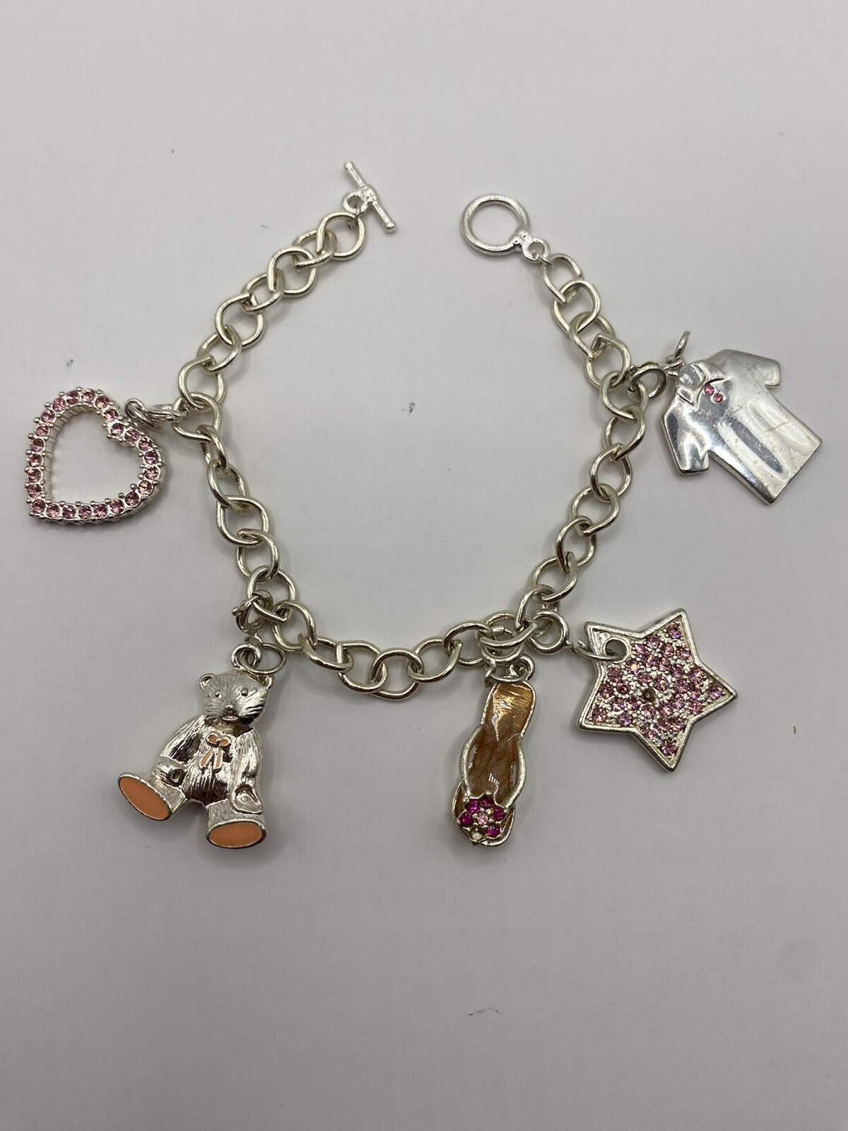 7 1/4″ Charm Bracelet W/ 5 Silver Tone Women/ Girl Accessories Charms