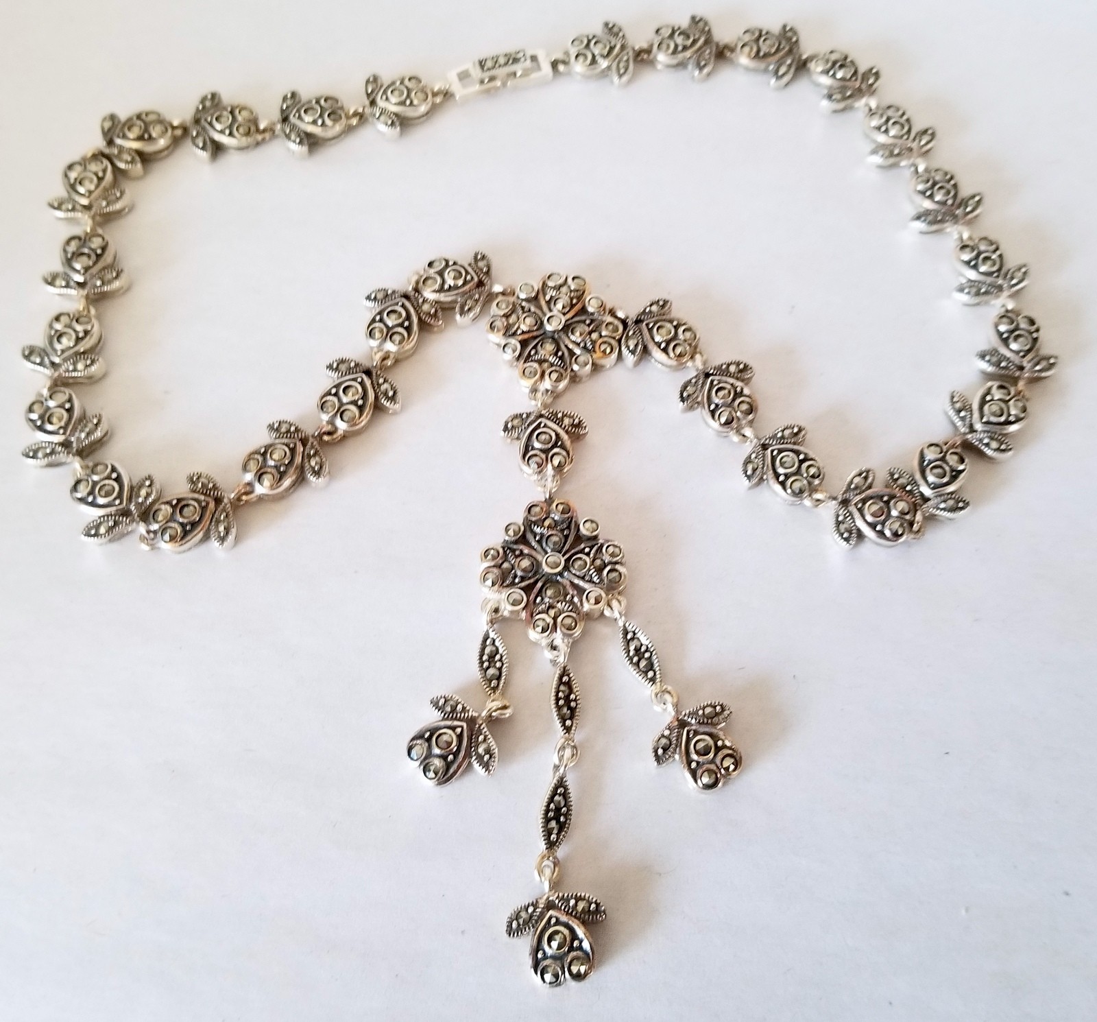 52gms Vintage 925 Silver Hearts Flowers Marcasite Victorian Drop Style Necklace